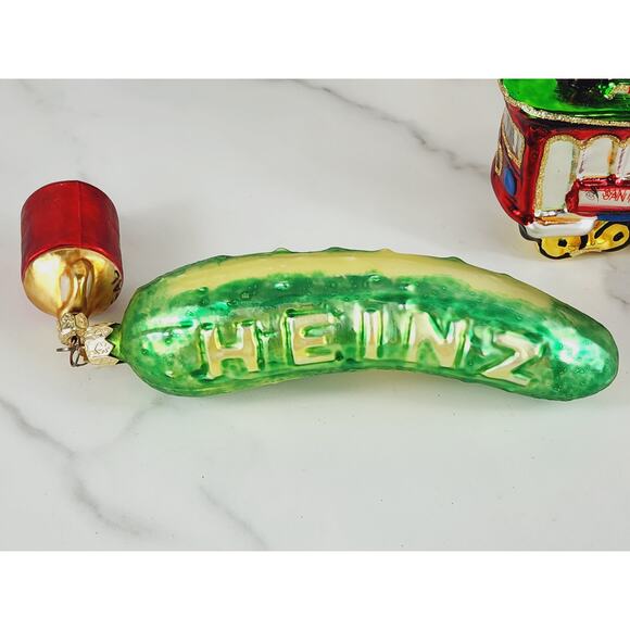 Christmas Blown Glass Ornaments Harold Cop Cowboy Santa Cable Car Pickle x5 Vtg - Picture 8 of 16